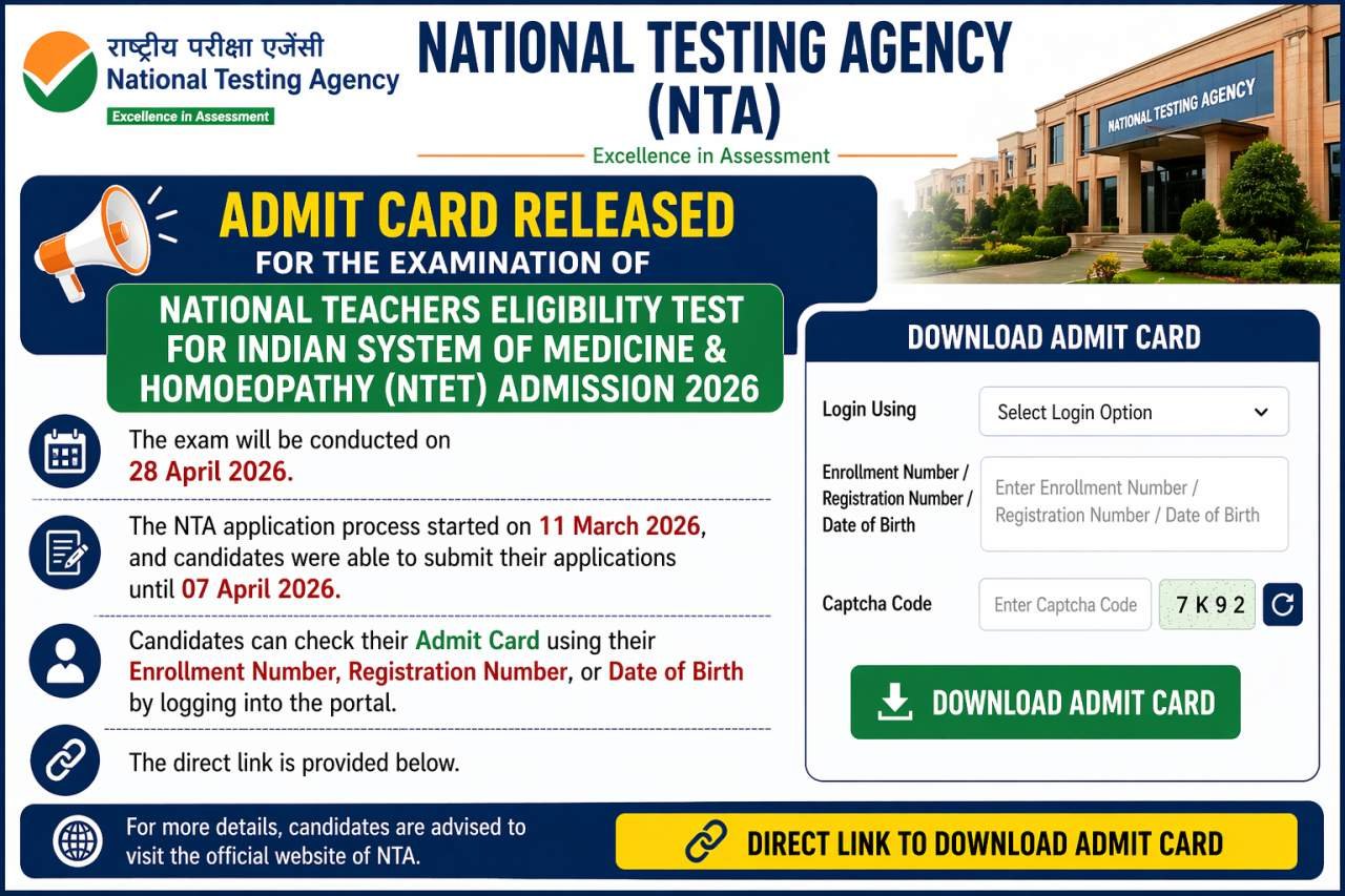 NTA NTET Admit Card 2026 Out